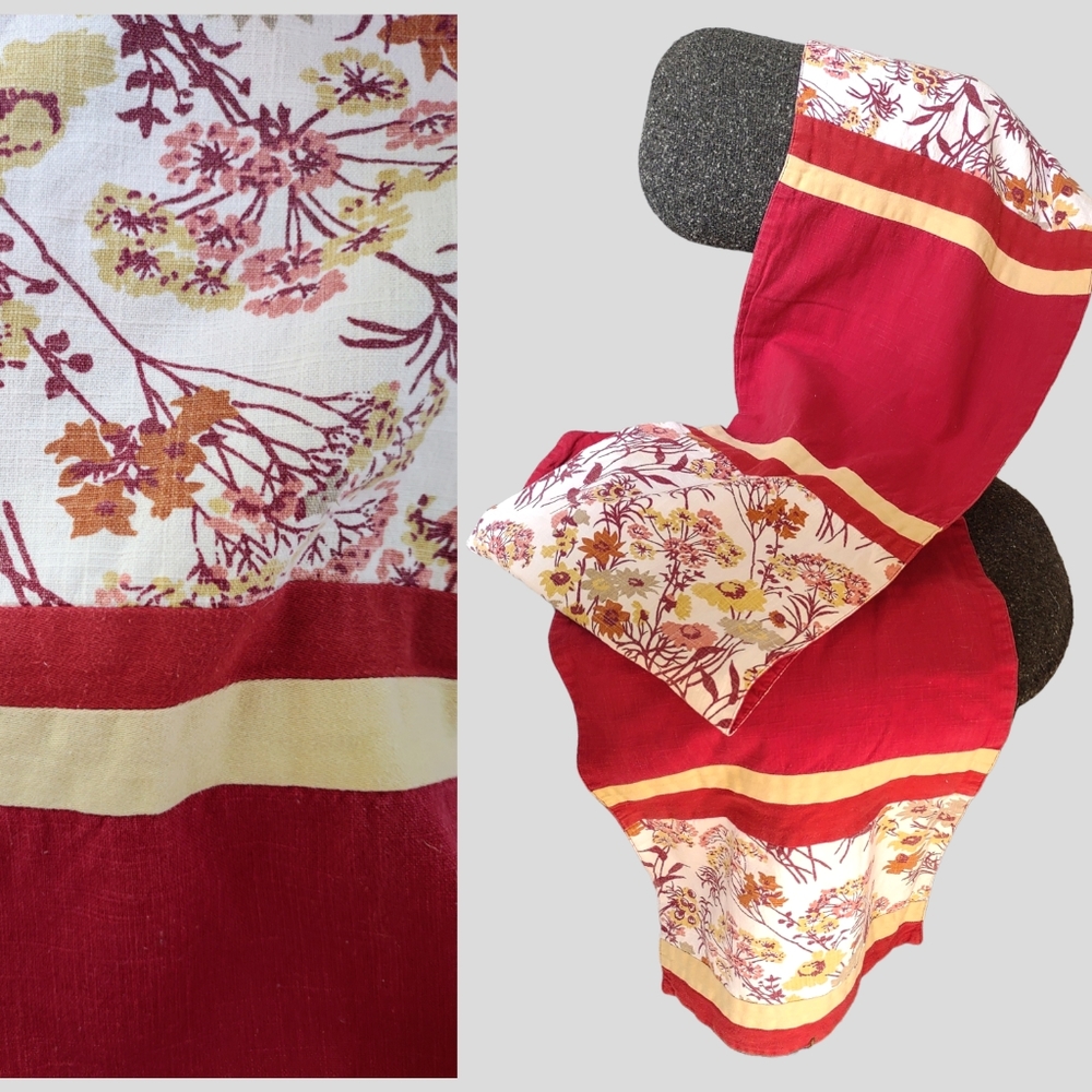 Vintage Table Runner / dresser scarf  66" Red & Tan White w/ Floral